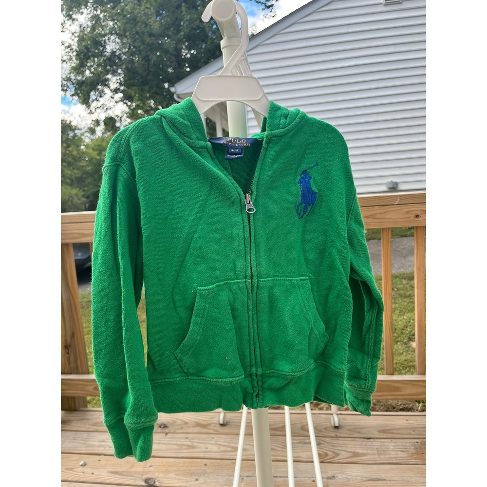 Polo Ralph Lauren Kids Green Terry Cloth Full Zip Hoodie Blue Big Pony Size 4 4T